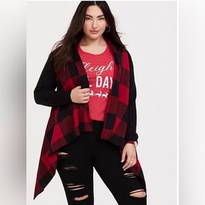 TORRID RED PLAID DRAPE FRONT CARDIGAN